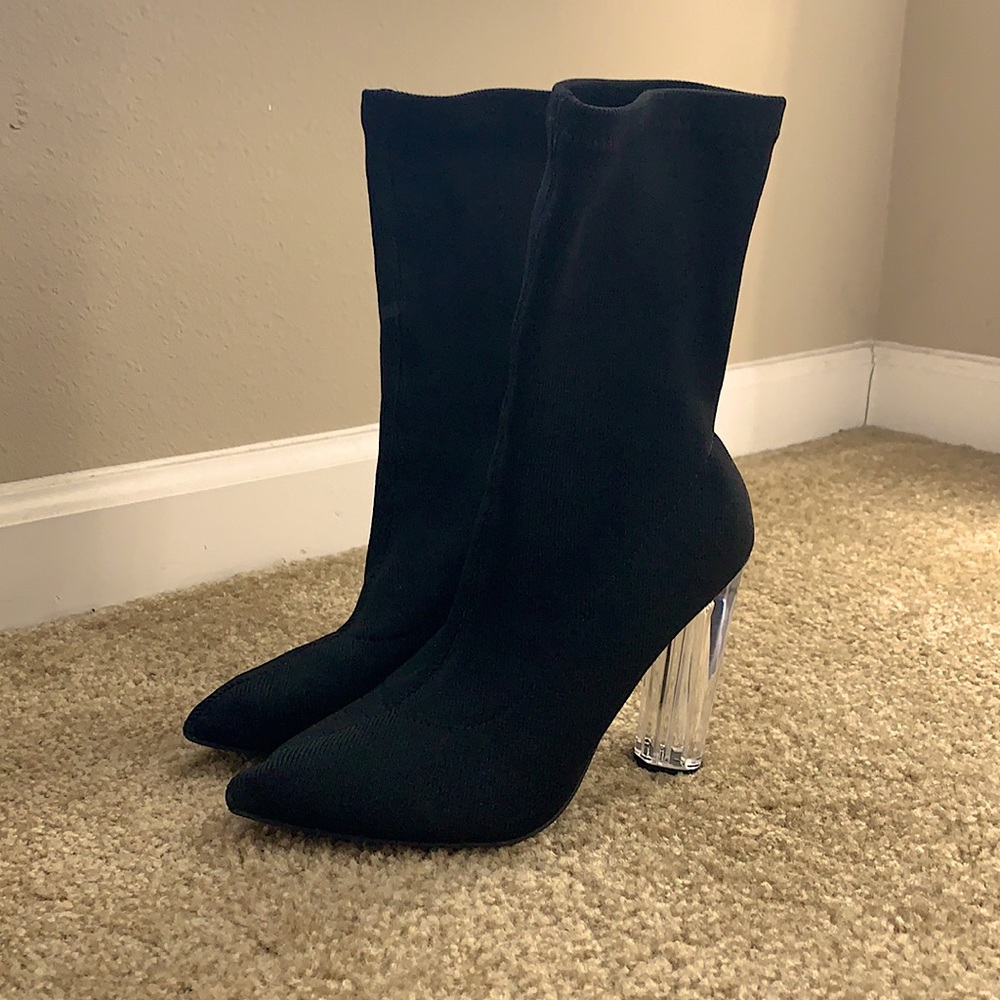NWOT Black Clear Heel Sock Bootie